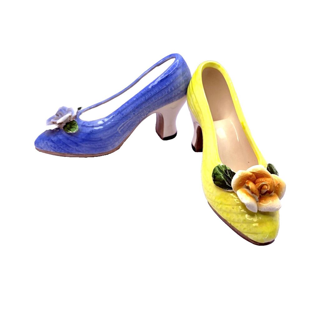Seymour Mann Set 2 Collectible Ceramic Shoes Blue & Yellow Applied Flowers 6x3”